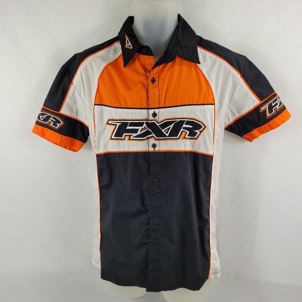 FXR Racing Shirt Motocross Snowmobile Race Black Orange Button Down Mens Small